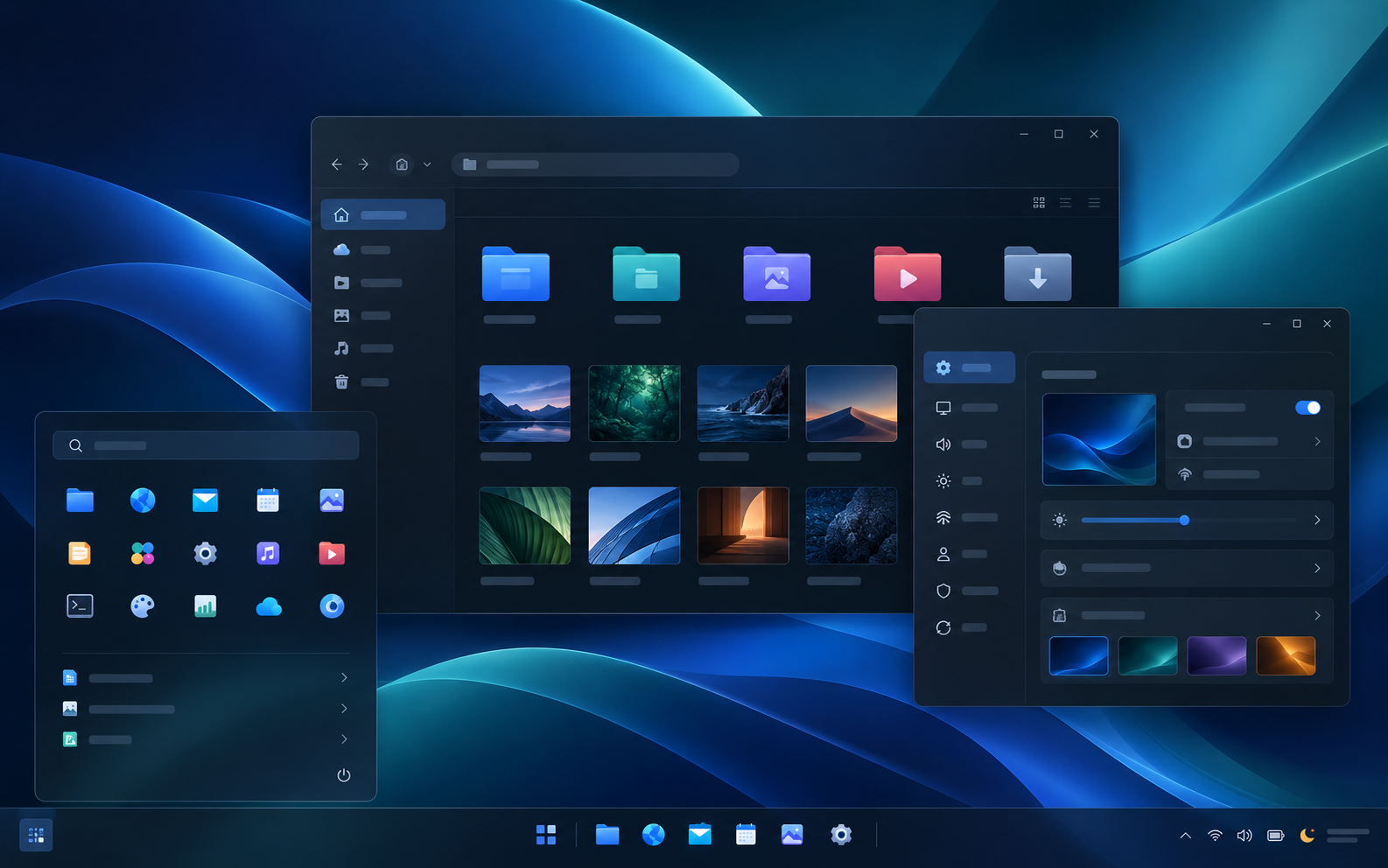 A deliberately blurred preview of the PCS Linux desktop interface